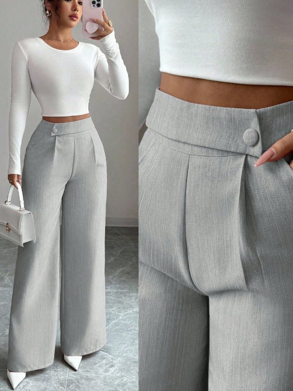 Grey Casual Women's Work Office Loose Flowy Straight Leg Pants